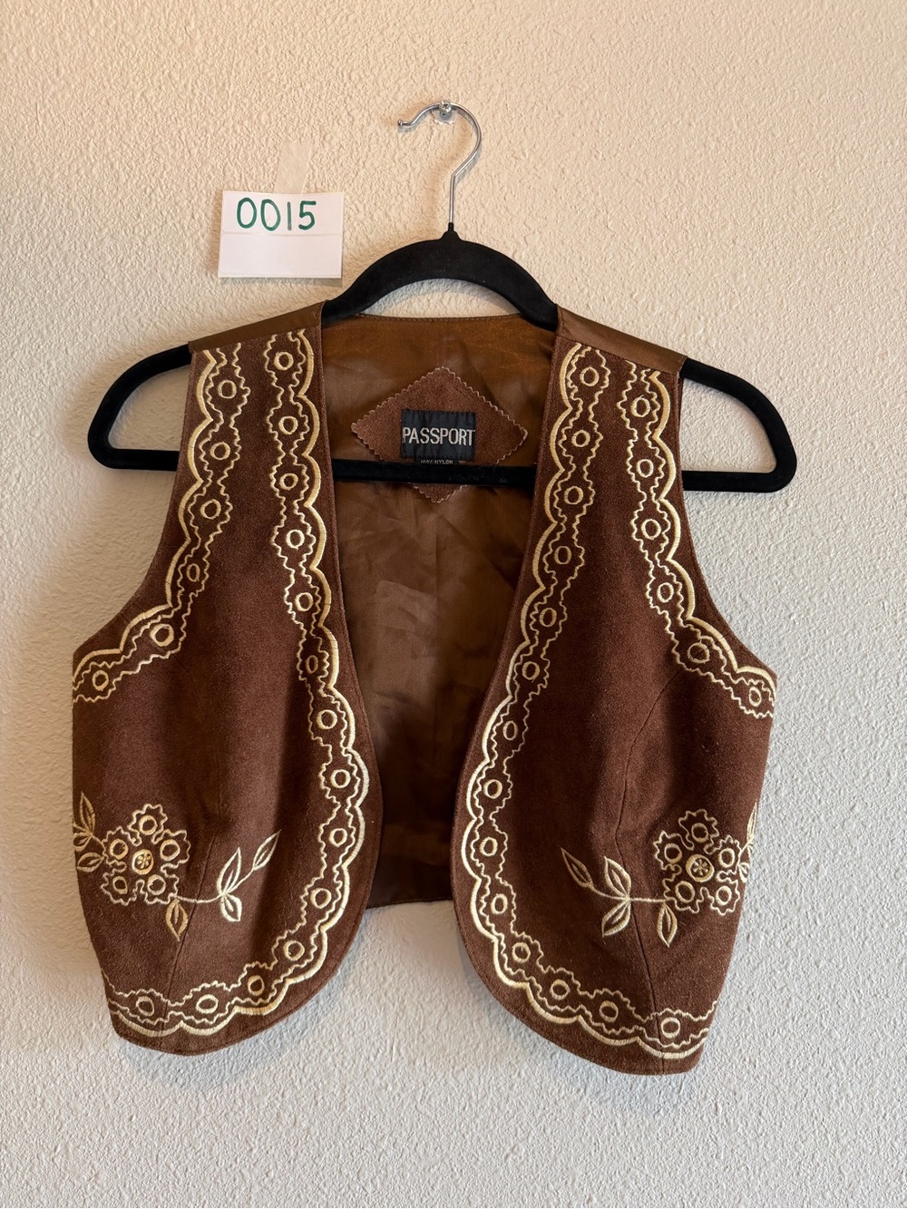 Vintage Passport Embroidered Brown Boho Vest Size M 100% Nylon Made India Y2K